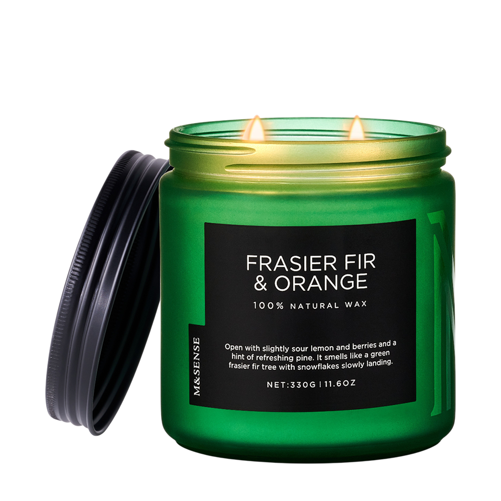 Green candle jar labeled 'Frasier Fir & Orange' with a black lid on a white background