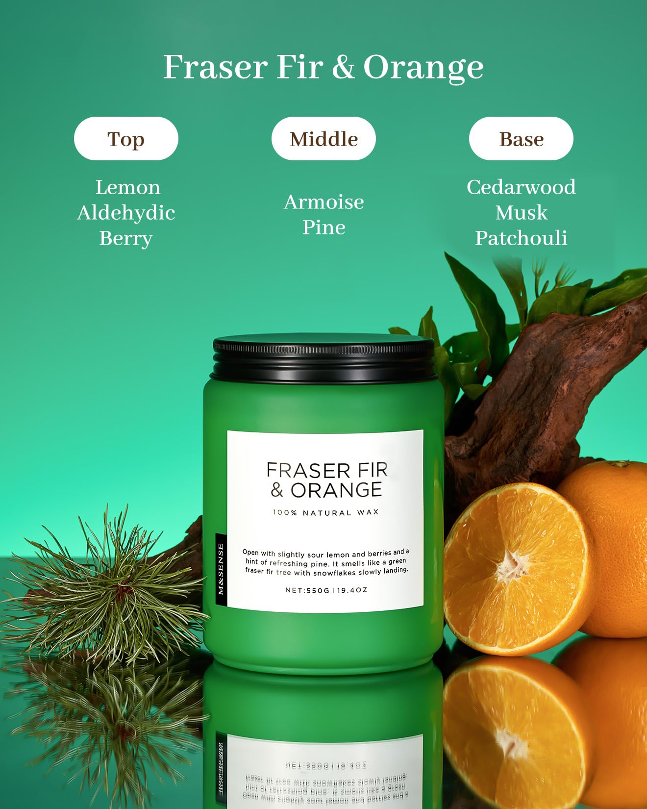 Green candle labeled 'Fraser Fir & Orange' with elements of fir and oranges on a green background