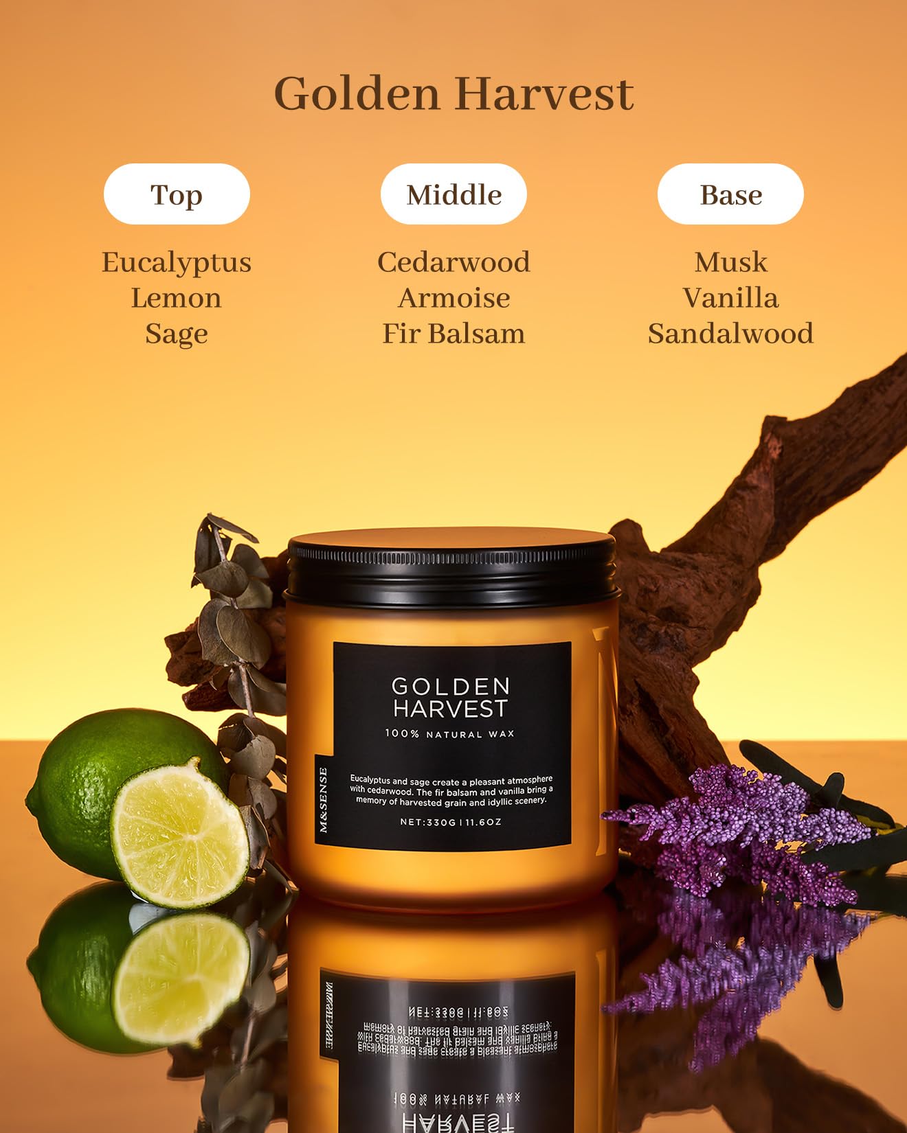 Golden Harvest candle with fragrance notes on an orange background