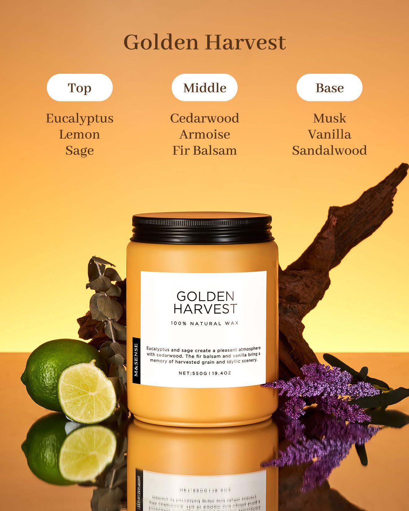 Candle labeled 'Golden Harvest' with fragrance notes on a warm background