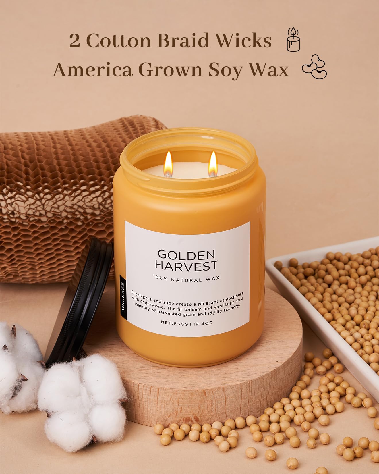 Candle labeled 'Golden Harvest' with cotton braid wicks and soy wax on a beige background