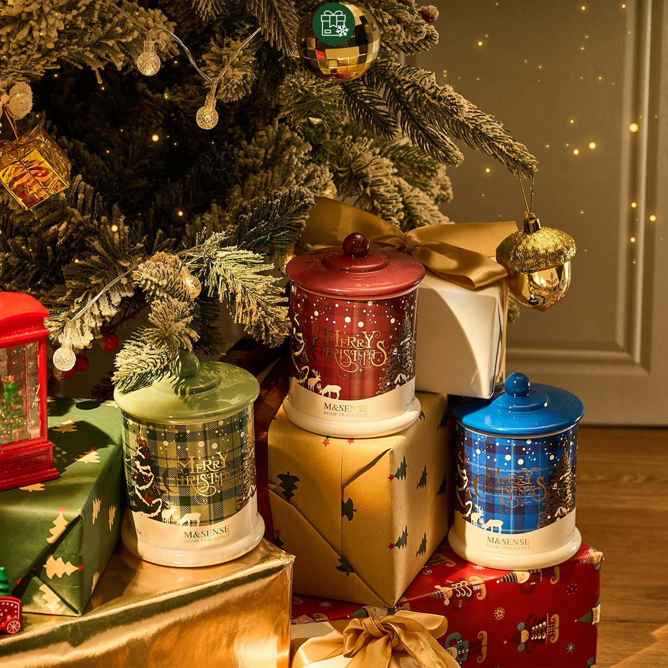Christmas gift packaging with decorative jar candle and a tree in the background