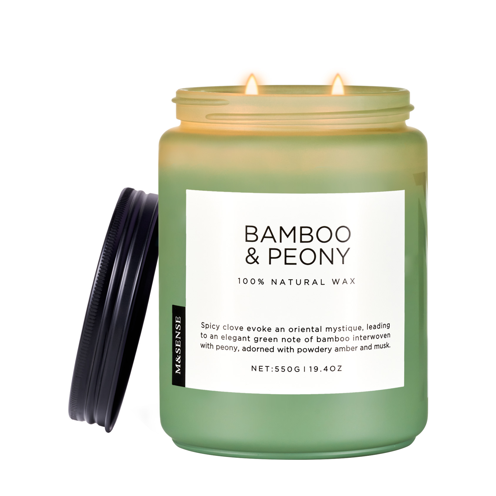 Green candle labeled 'Bamboo & Peony' with a white label on a white background