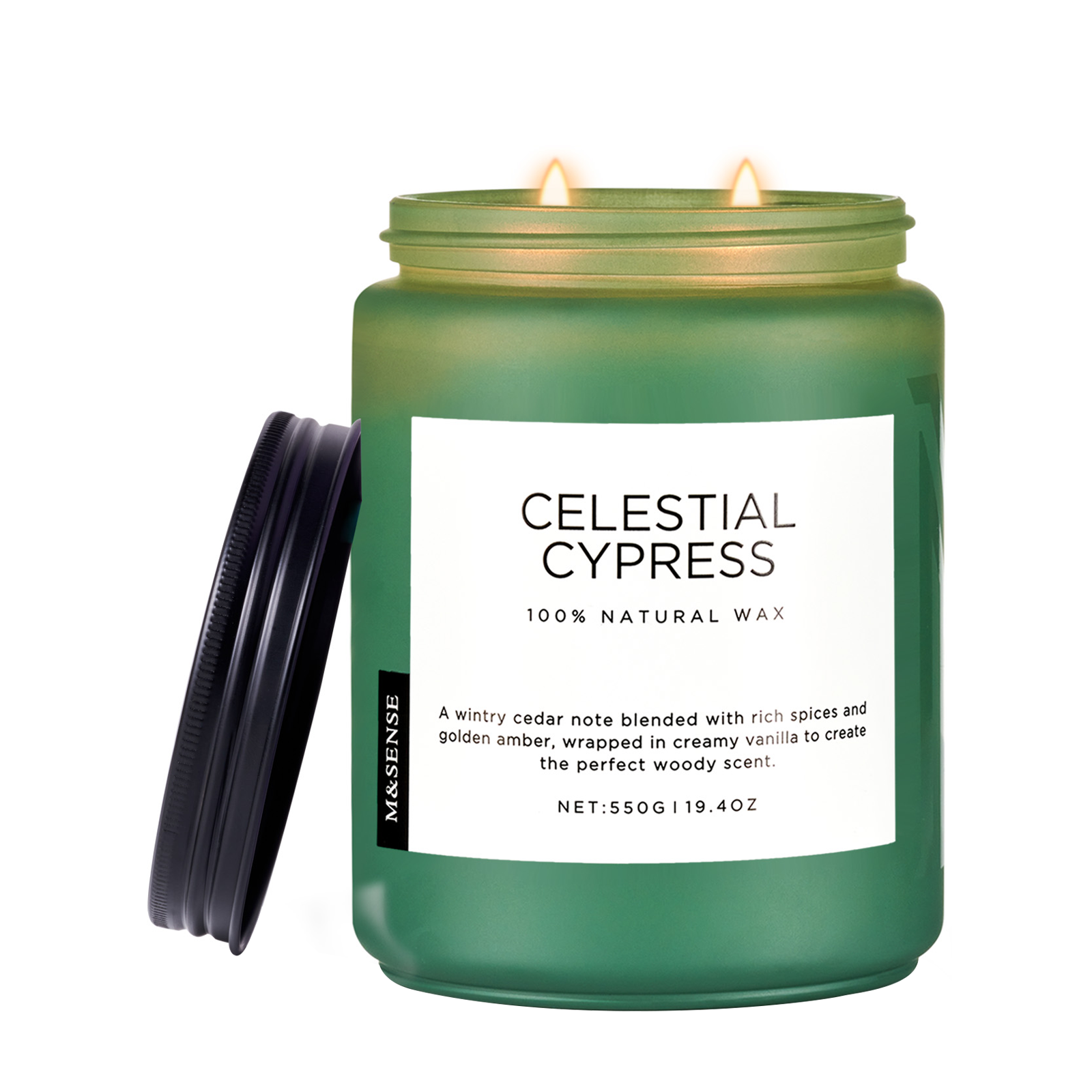 Green candle with a label on a white background