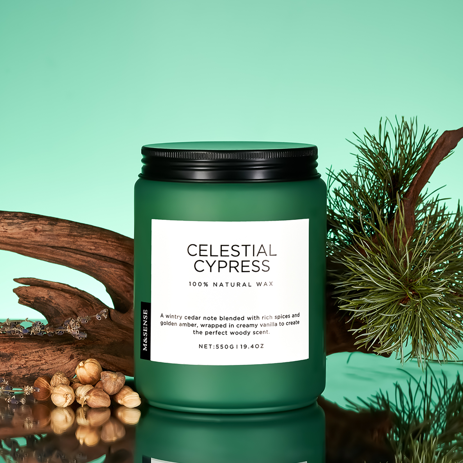 Green candle labeled 'Celestial Cypress' with natural elements on a green background