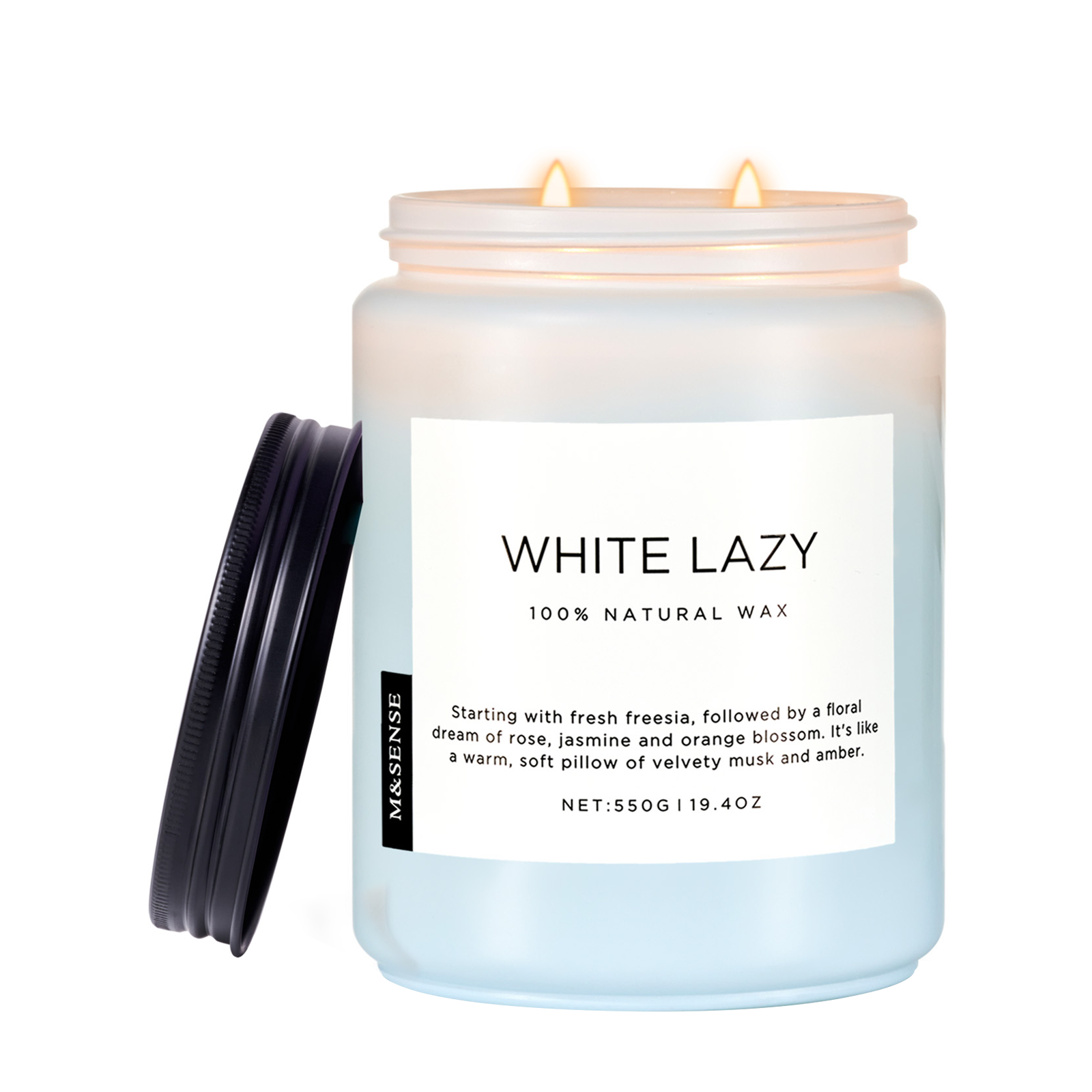 Candle in a jar labeled 'White Lazy' with a white background