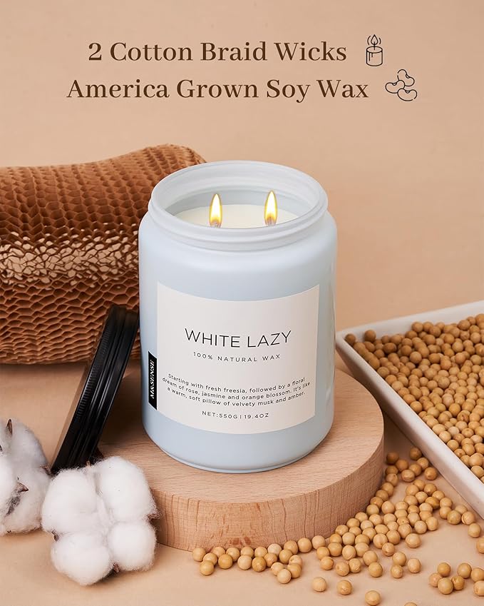 White Lazy candle with cotton braid wicks and soy wax on a beige background