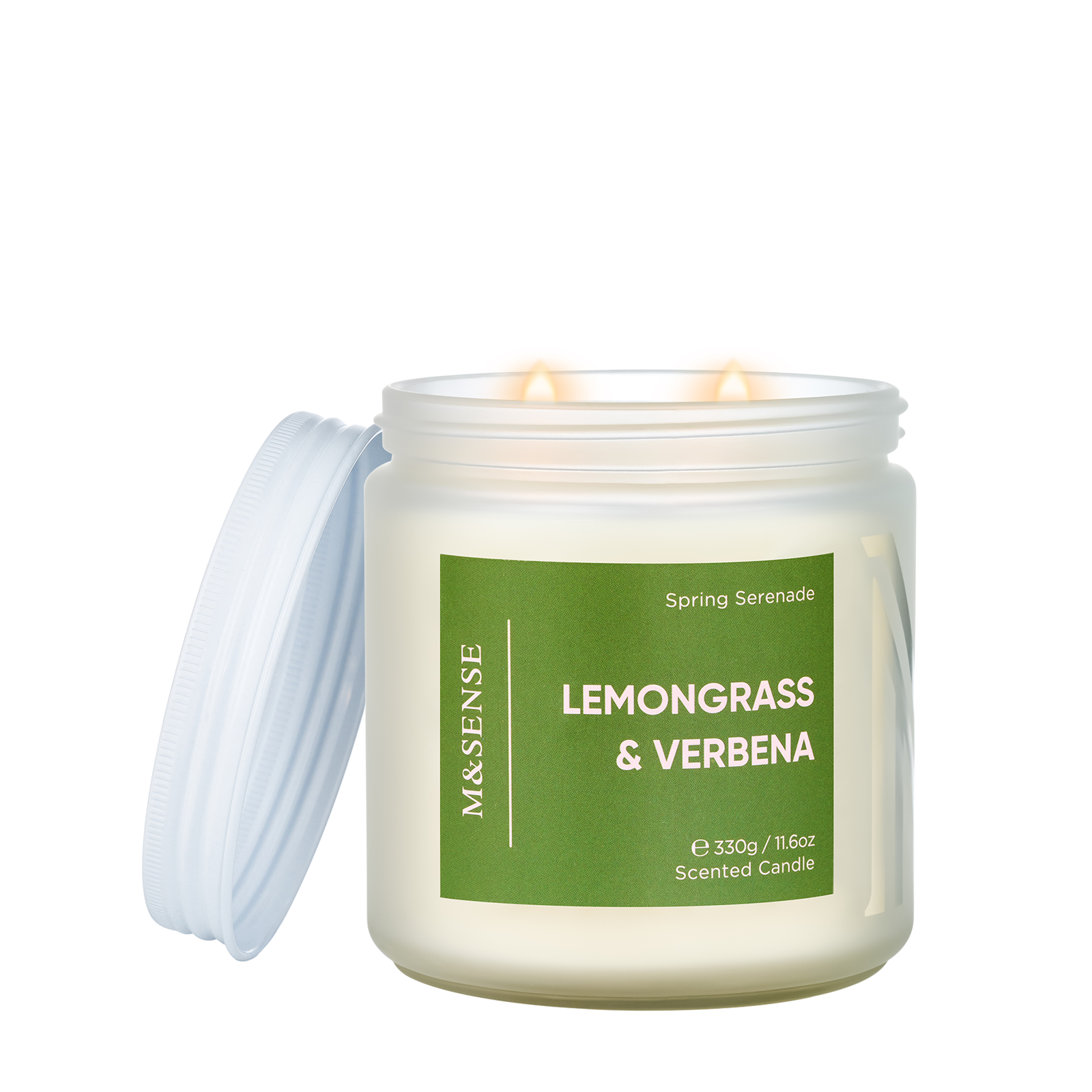Scented candle with 'Lemongrass & Verbena' label on a white background