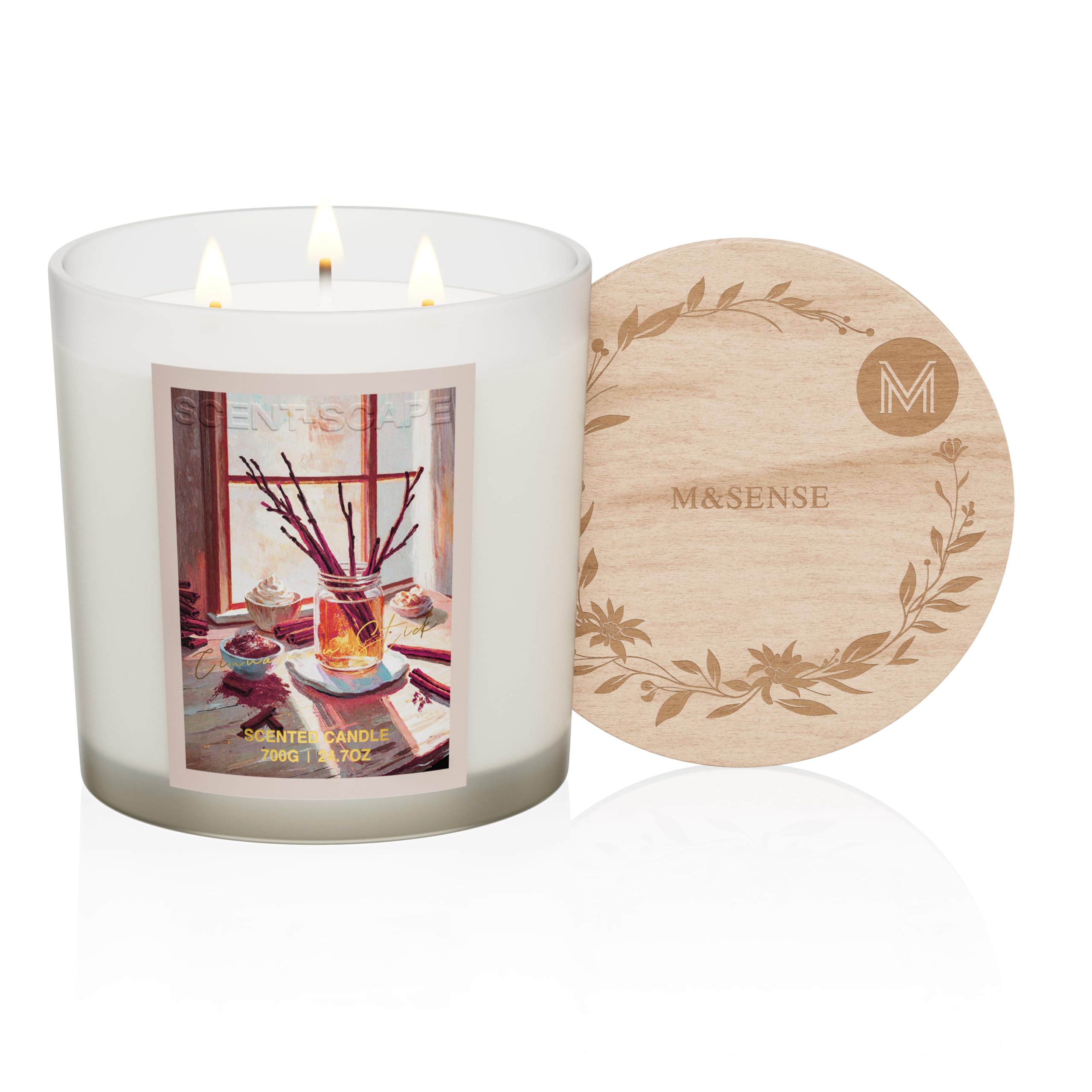 Candle with a wooden coaster featuring 'M&SSENSE' branding on a white background