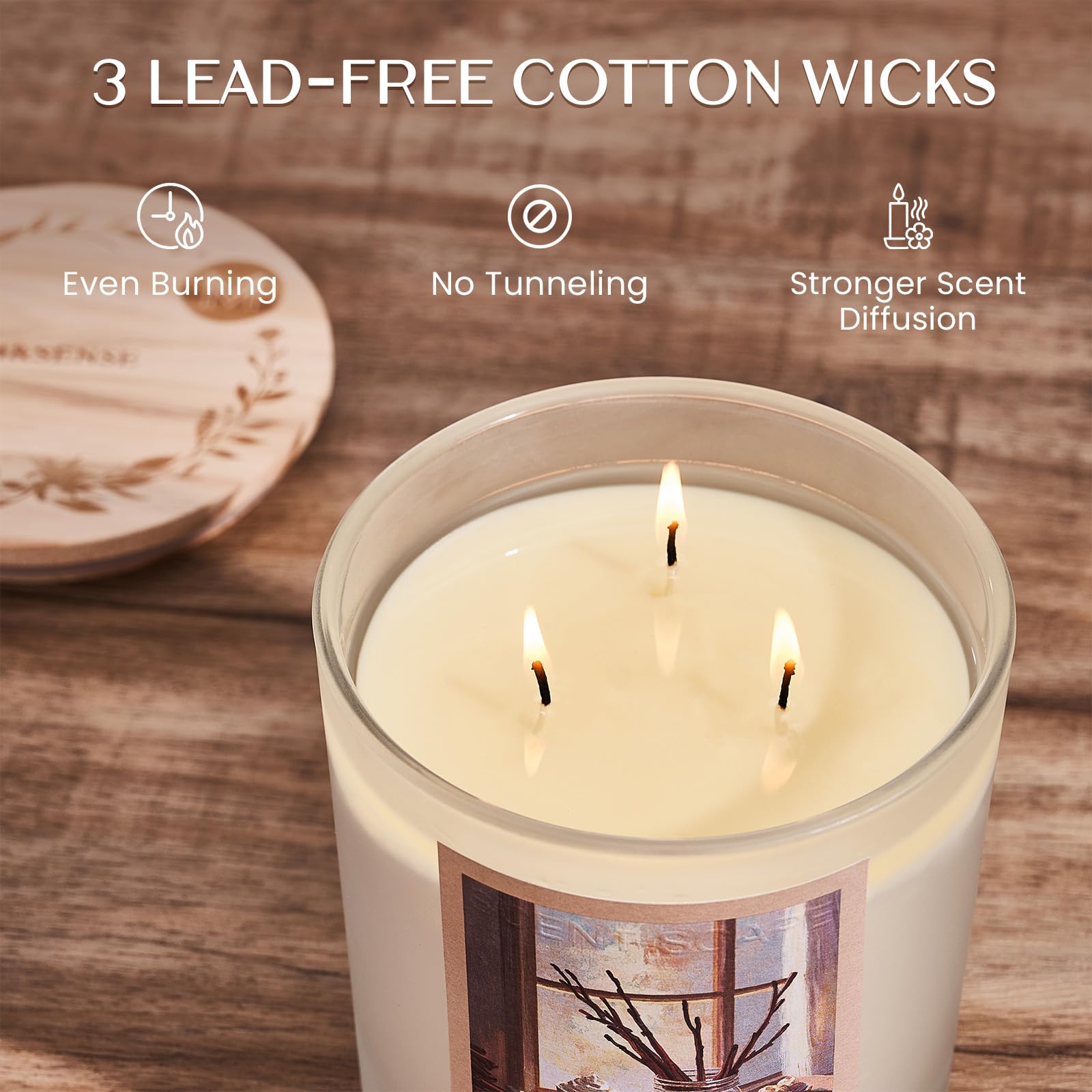 Candle with three lead-free cotton wicks on a wooden surface