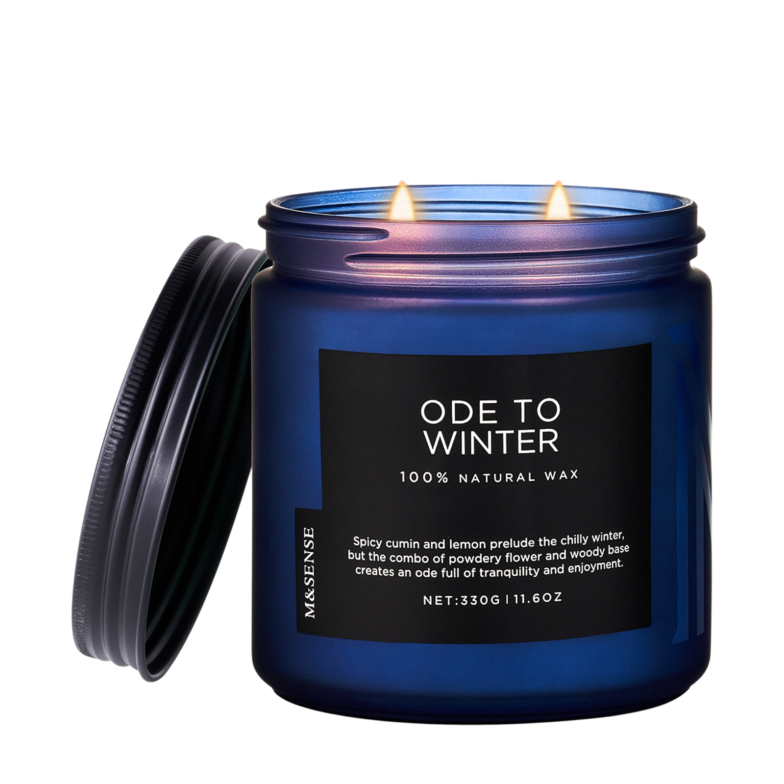 Blue candle jar labeled 'Ode to Winter' with a black lid on a white background