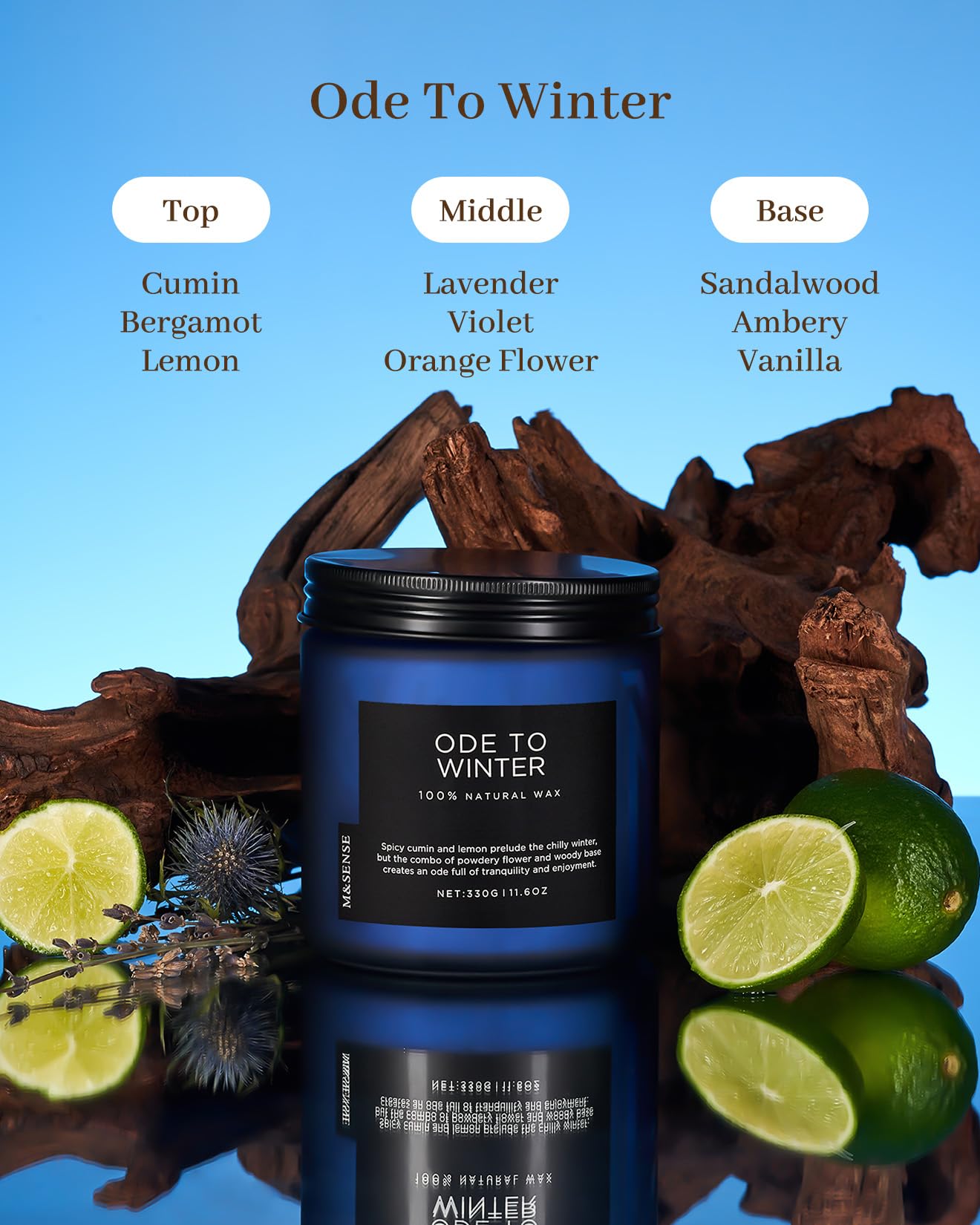 Candle labeled 'Ode To Winter' with natural elements on a blue background