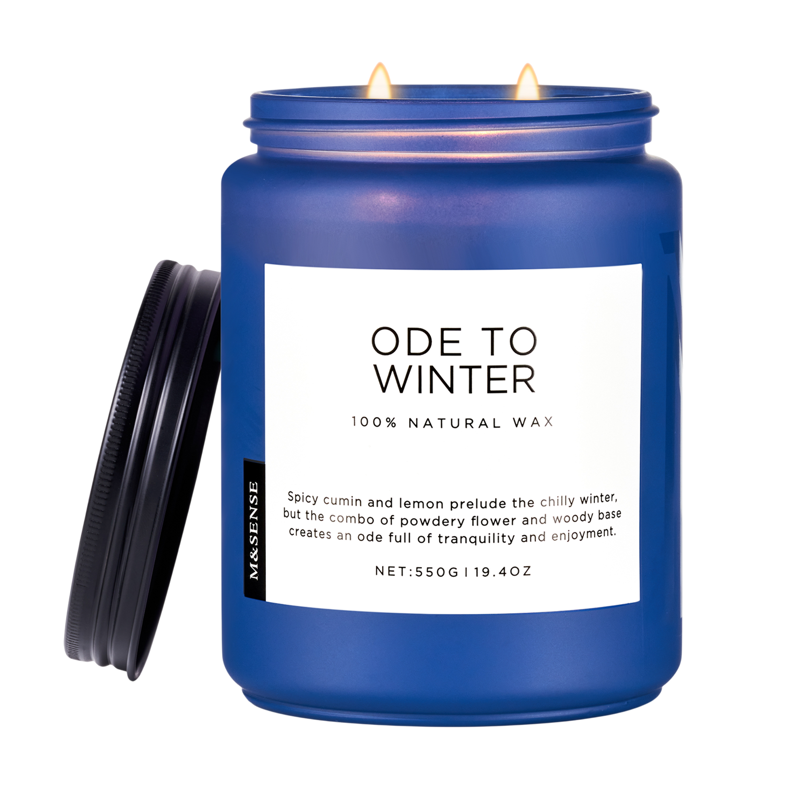 Blue candle labeled 'Ode to Winter' with a white label on a white background
