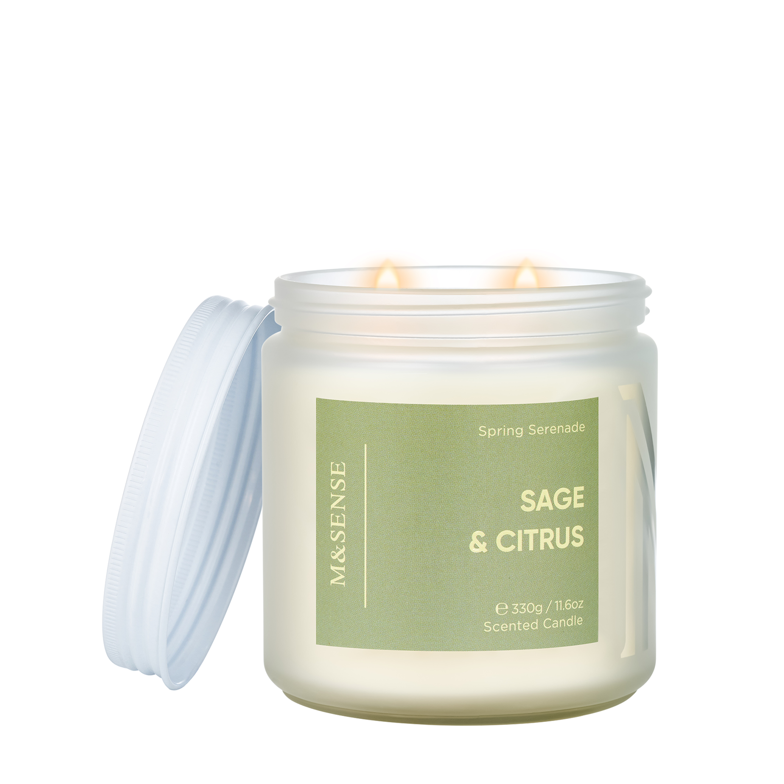 Scented candle with 'Sage & Citrus' label on a white background