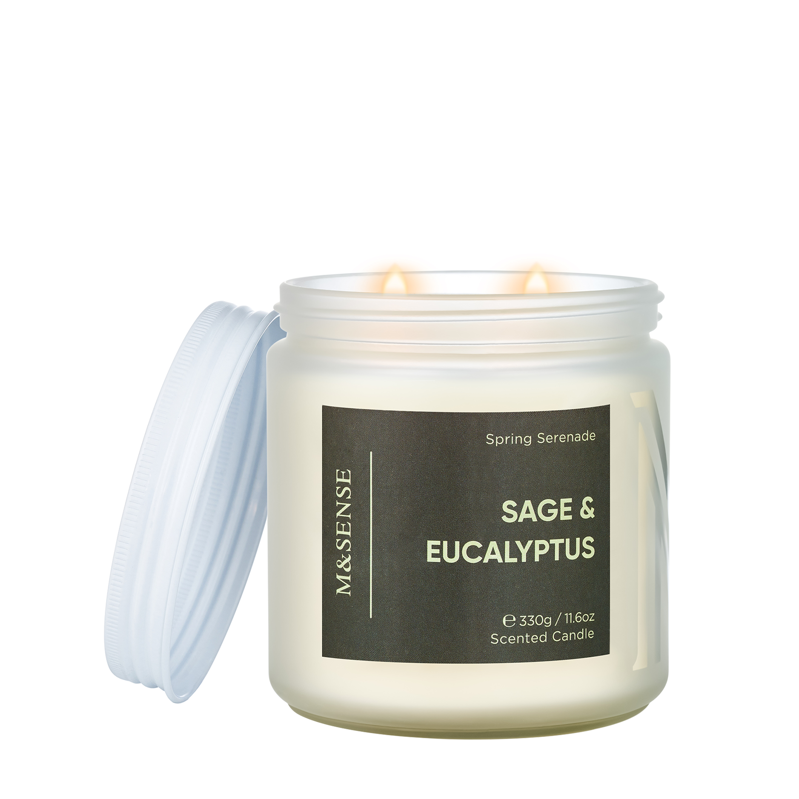 Scented candle with 'Sage & Eucalyptus' label on a white background
