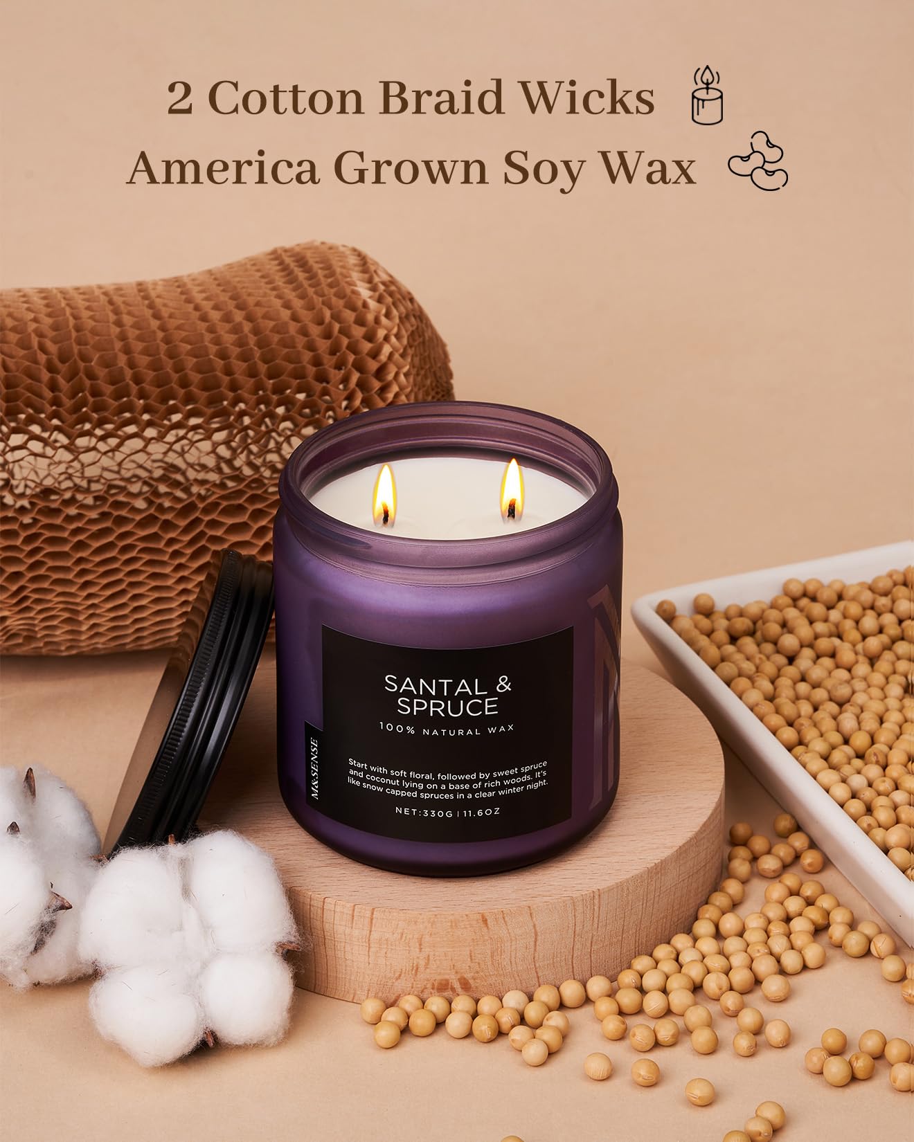 Scented candle with cotton braid wicks and soy wax, surrounded by cotton and soybeans on a beige background.