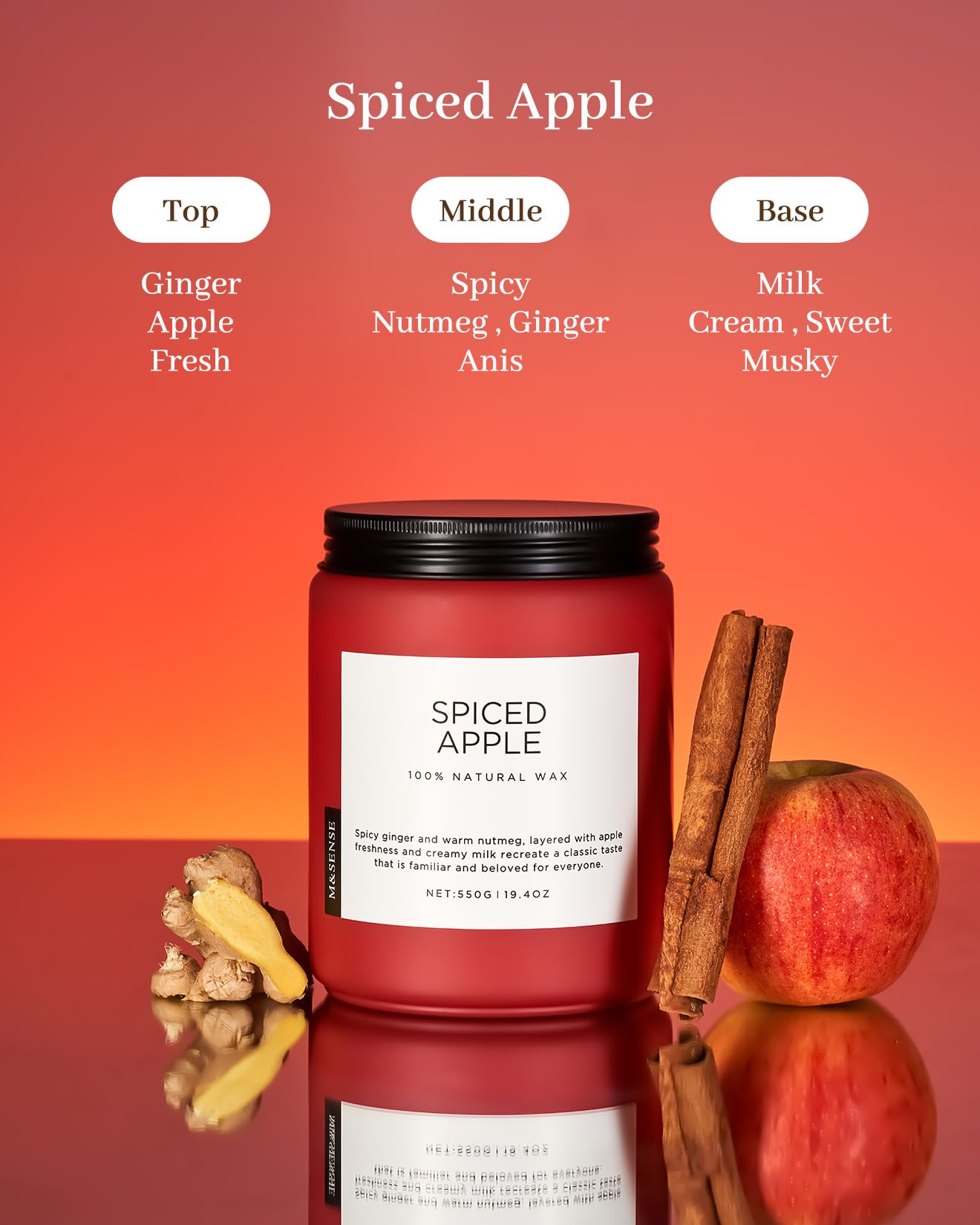 Spiced Apple candle with ingredients listed on a gradient background