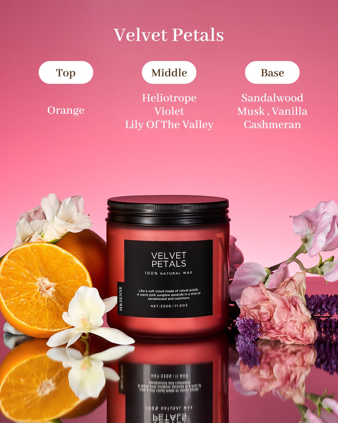 Velvet Petals candle with floral and fruit elements on a pink background