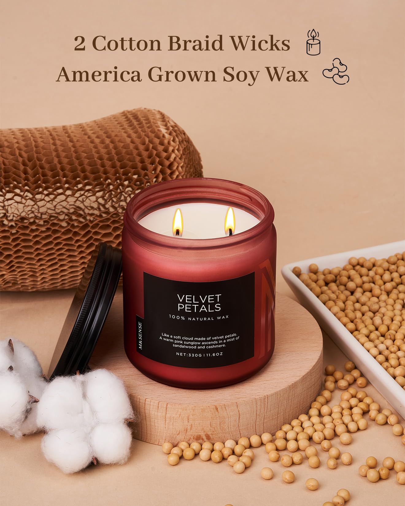 Candle with cotton braid wicks and 'Velvet Petals' branding on a beige background
