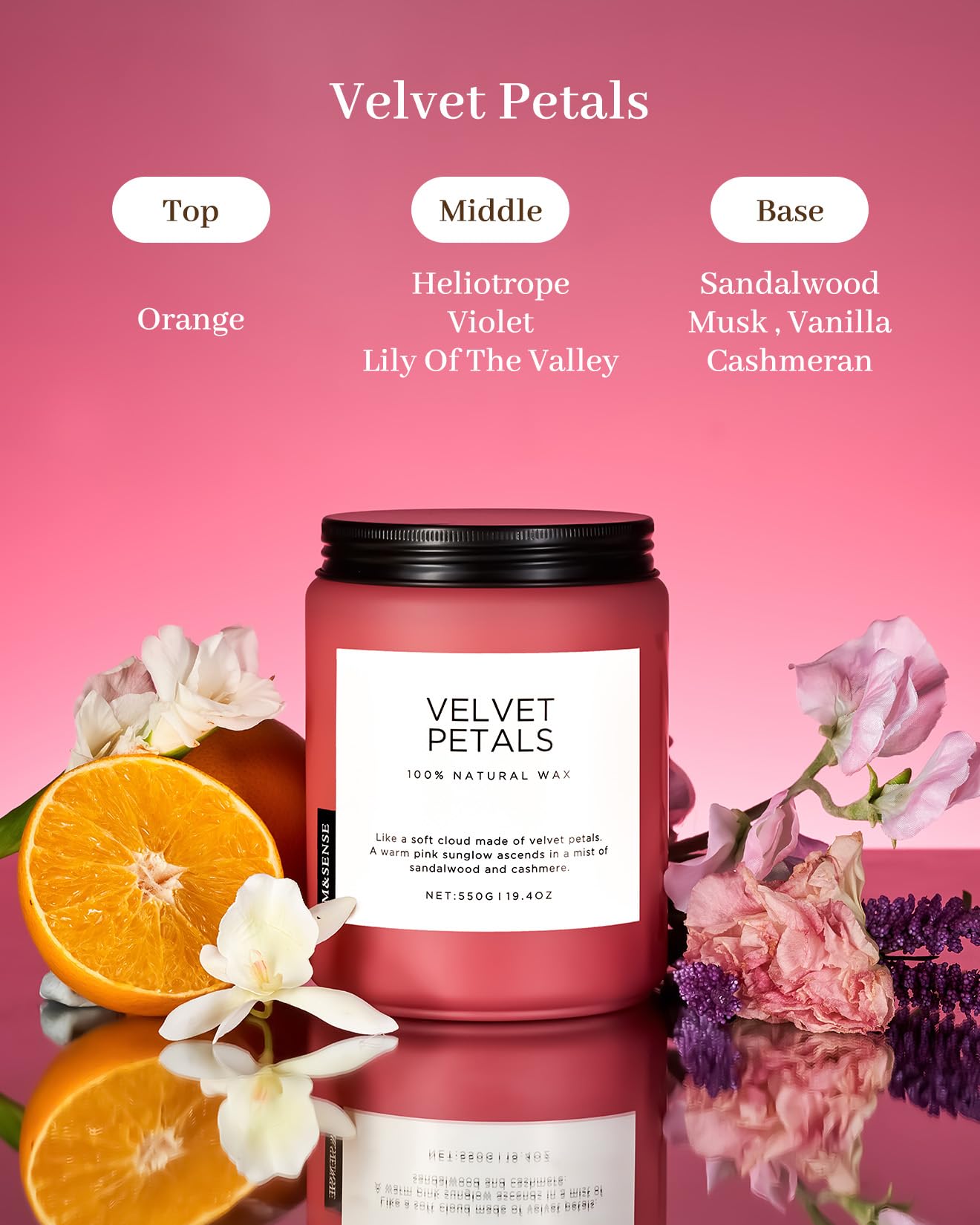 Velvet Petals candle with floral elements and color description on a pink background