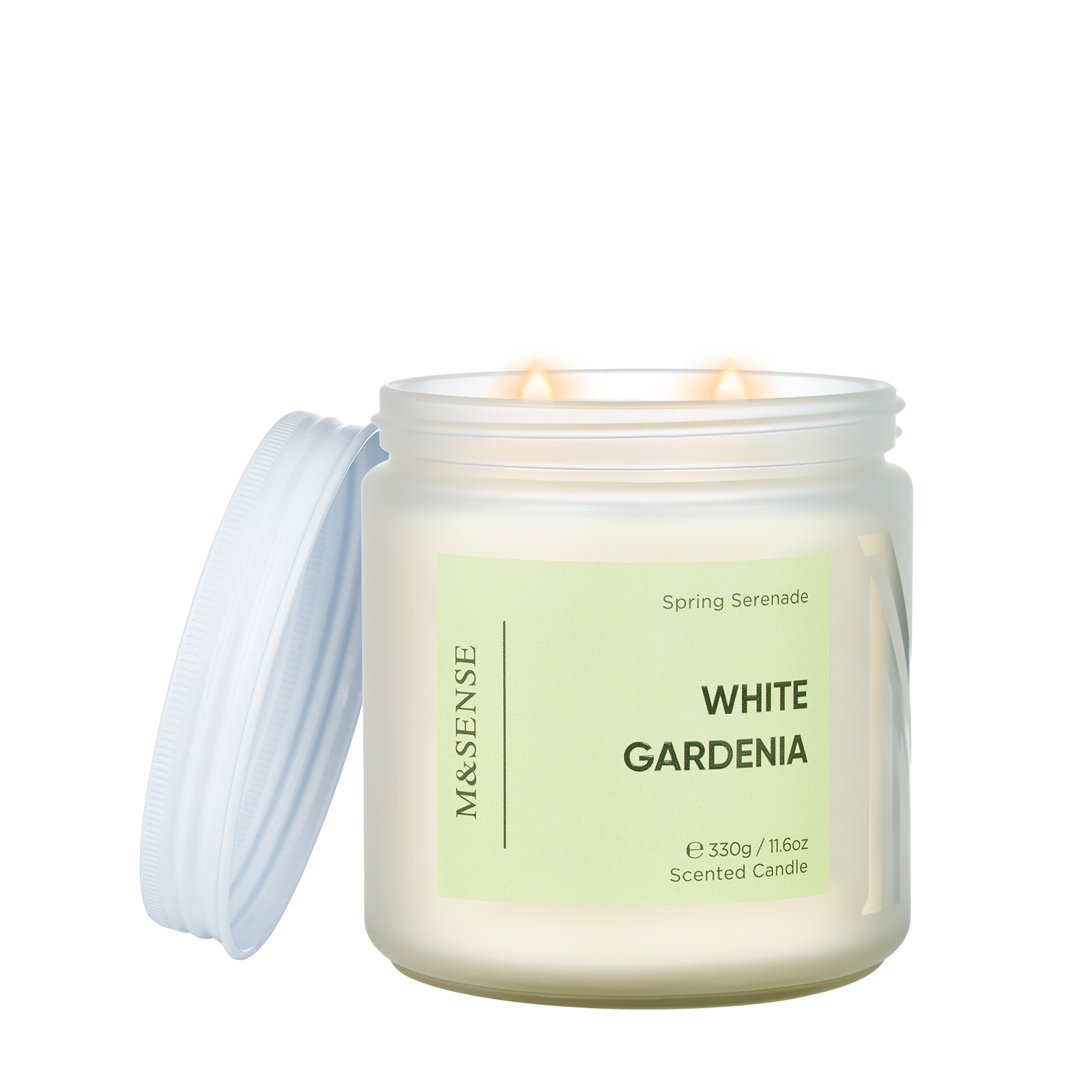 Scented candle in a jar labeled 'White Gardenia' by M&SENSE on a white background