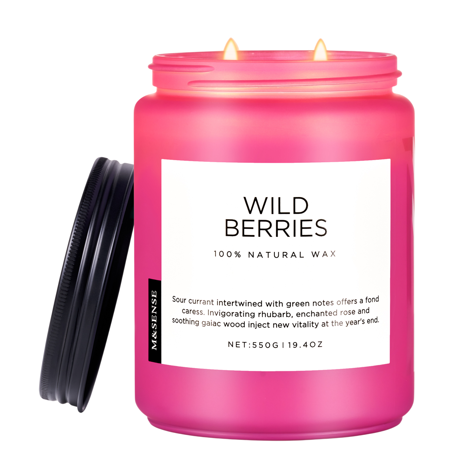 Pink candle labeled 'Wild Berries' with a black lid on a white background